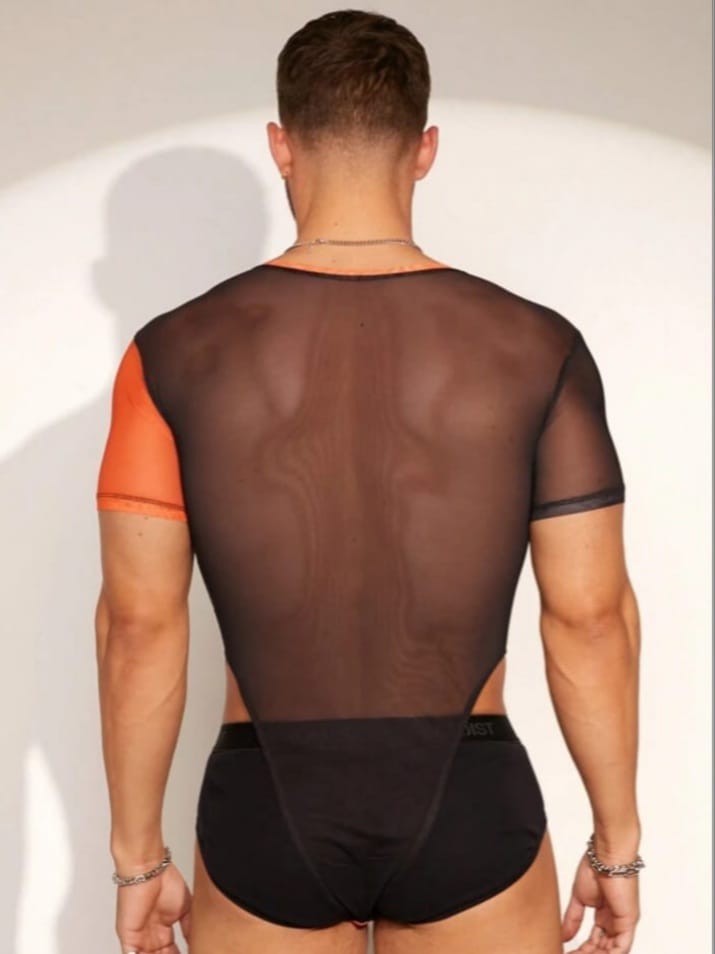 men's sexy contrast color splicing print mesh bodysuit